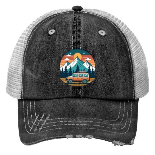 Camper Van parked Lake with Mountains Trucker Hats