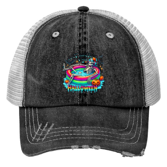 Funny Just Waiting For Halloween Skeleton Trucker Hats