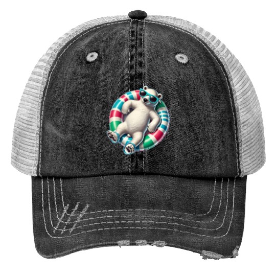 A relaxed polar bear on a swimming ring Trucker Hats