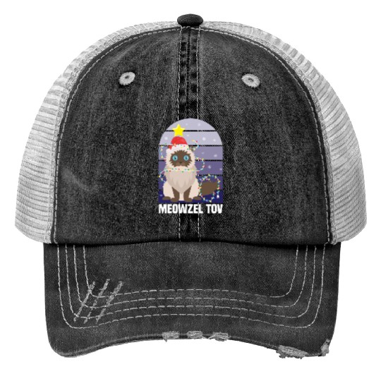 Meowzel Tov Hanukkah Black Cat Christmas Lights Trucker Hats