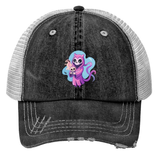 skeletal figure, violet pink robe, lavender puppy Trucker Hats