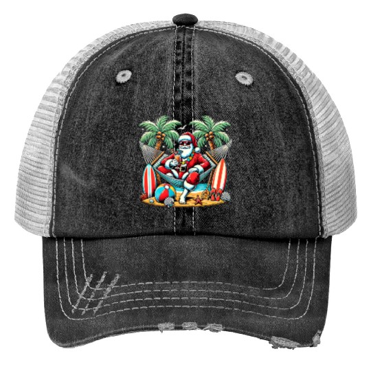 Tropical Santa Relaxing on the Beach Trucker Hats