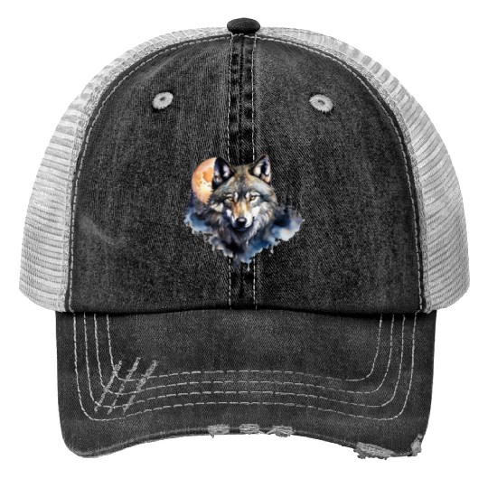 Wolf Portrait Under Full Moon Design Trucker Hats