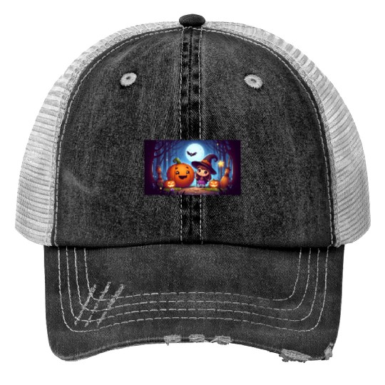 Halloween Witch and Jack-o'-Lantern Scene Trucker Hats