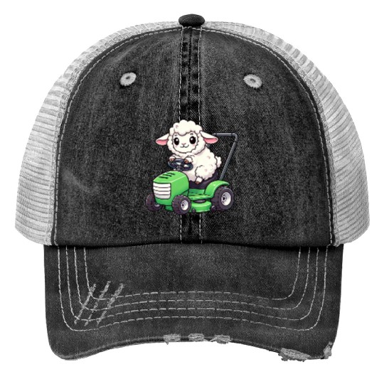 Funny sheep lawn mower farmer lamb grass Trucker Hats