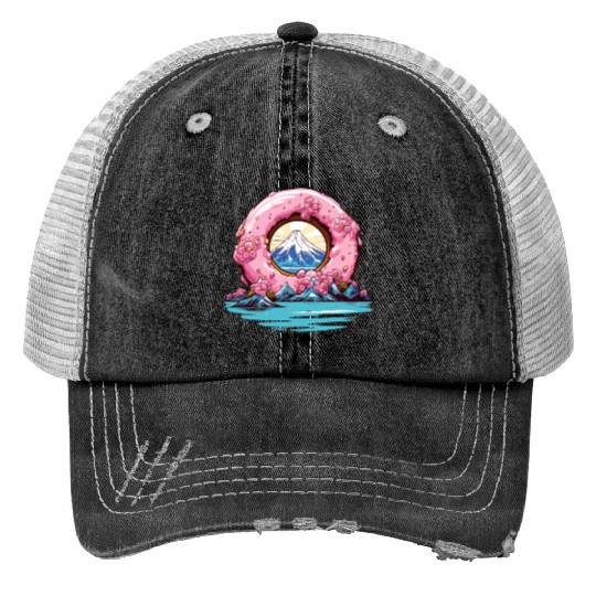 Japan Sakura Blossom Mount Fuji Donut Trucker Hats