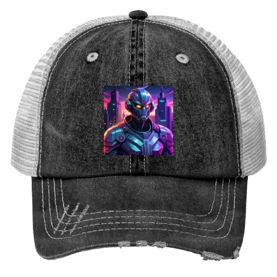 "Cyber Sentinel: Futuristic Robot in a Neon City" Trucker Hats