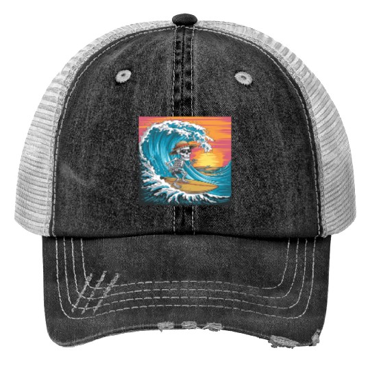 Surfing Skeleton Vibes Surfing Lifestyle Retro Trucker Hats