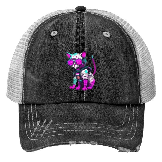 Punk Space Cat with Neon Goggles Trucker Hats