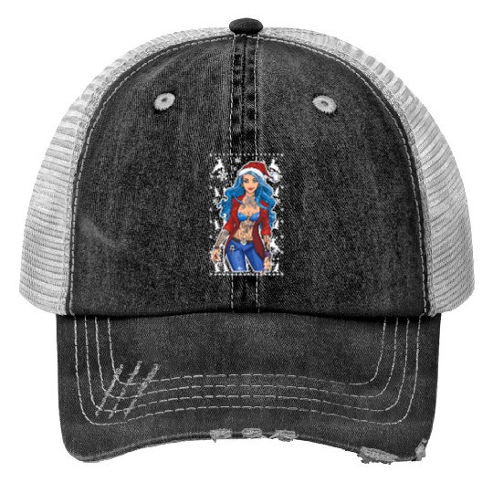 03 Sexy Christmas Woman Blue Hear Deer Tattoos Trucker Hats