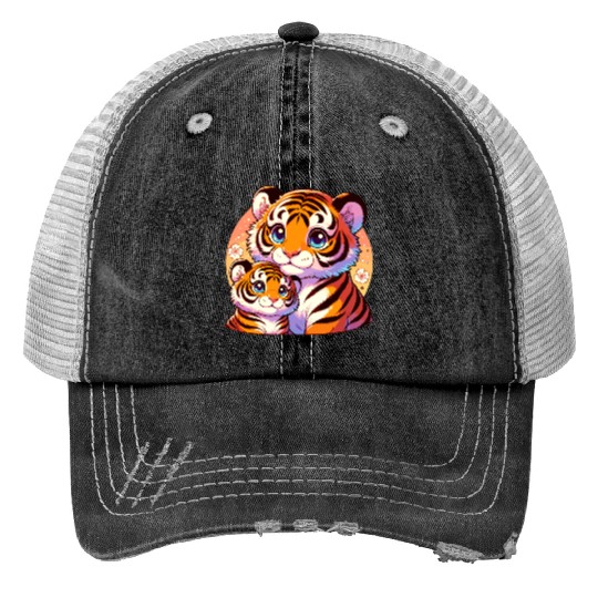 Cute Tiger Mom and Cub Illustration with Flowers Trucker Hats