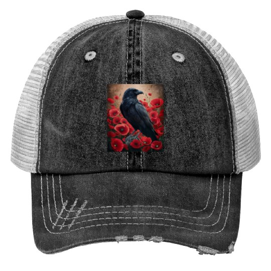 Raven Red Poppies Gothic Nature Art natural Trucker Hats