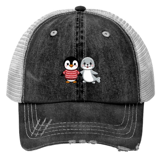 Penguin and Seal Friends holding hands Trucker Hats