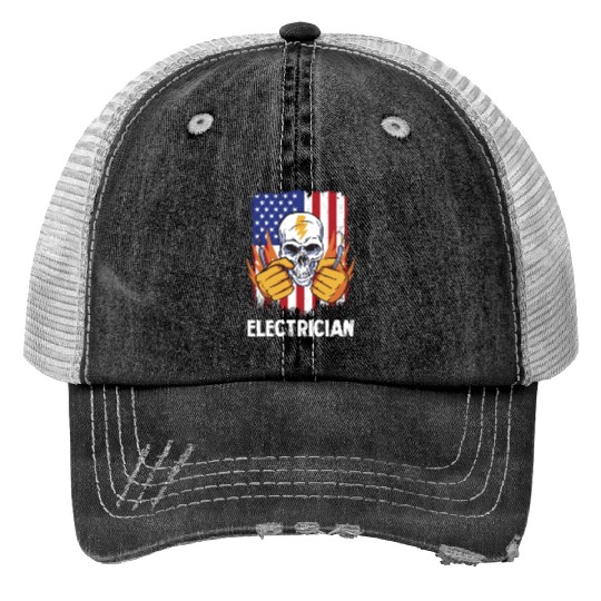 Electrician Skull with American Flag Background Trucker Hats