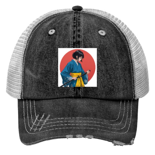 Blossom and Blade: Kimono-Clad Warrior Girl, Japan Trucker Hats