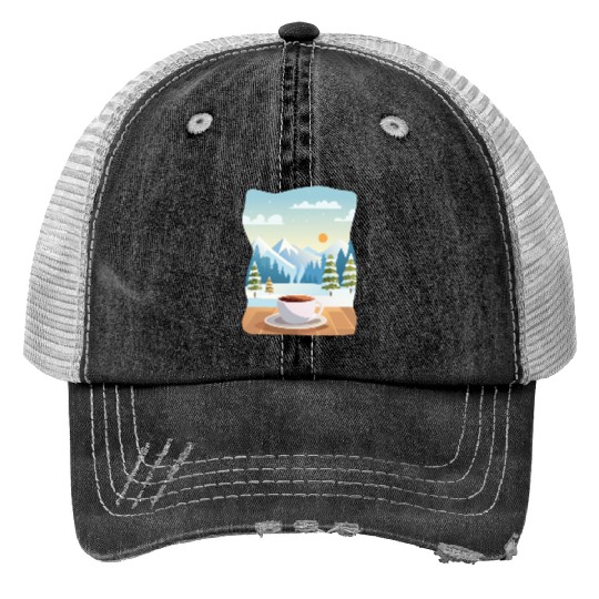 Coffee Cup and Winter Mountain View Trucker Hats