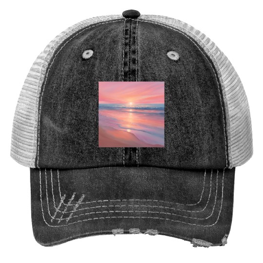 Pink Sunset Ocean Scene Trucker Hats