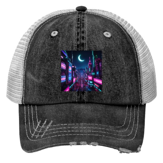 Neon lit city at night Trucker Hats