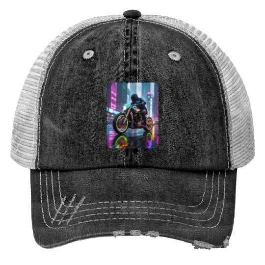 Motorcycle cyberpunk in city Trucker Hats