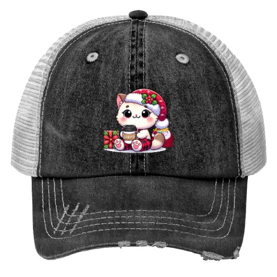 A Cute Kawaii Cat Drinking Coffee Trucker Hats