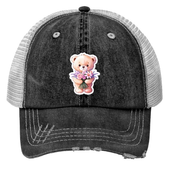 Teddy bear with bouquet of flowers Trucker Hats