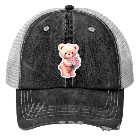 Teddy bear with bouquet of flowers Trucker Hats