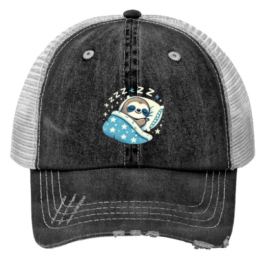 Sloth Sleeping In Bed At Night Time Trucker Hats