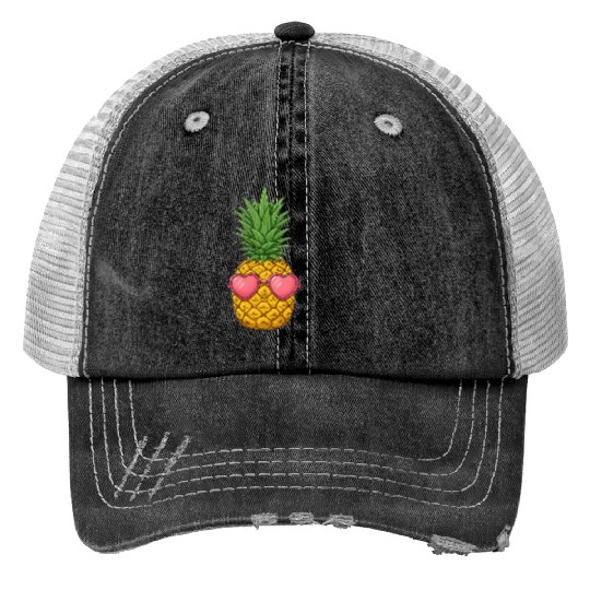 A cute pineapple with heart-shaped sunglasses. Trucker Hats
