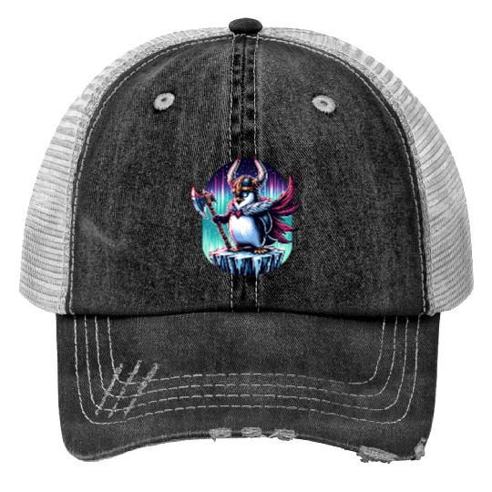 Viking Penguin Warrior Under Northern Lights Trucker Hats