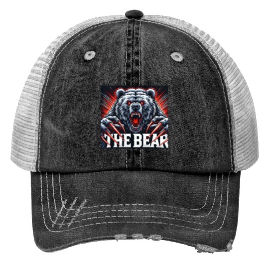 Black White Illustrated The Bear Trucker Hats