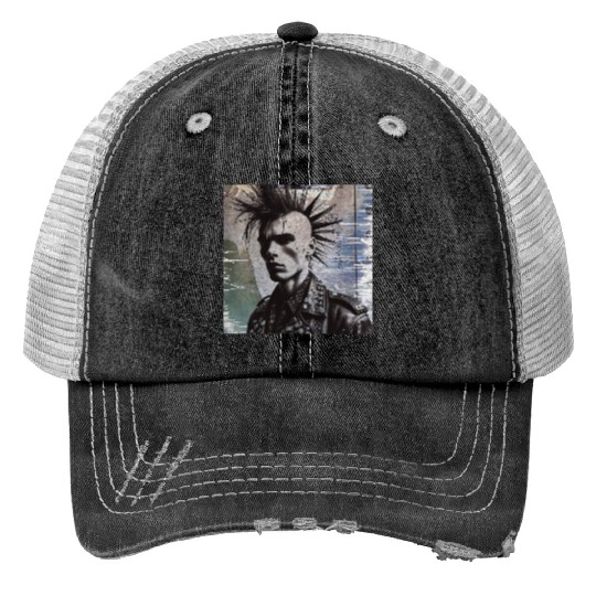 punk on a grunge background Trucker Hats