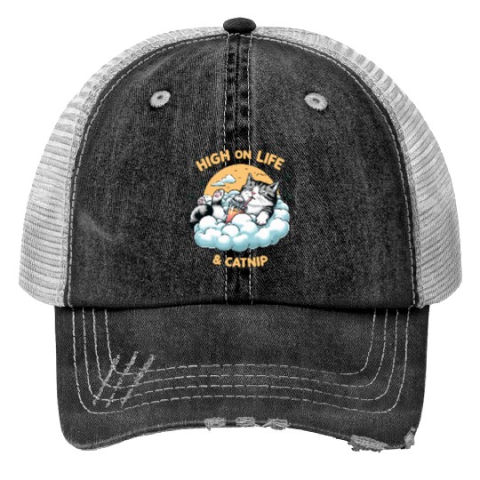 High on Life & Catnip - Floating Cat Art Trucker Hats