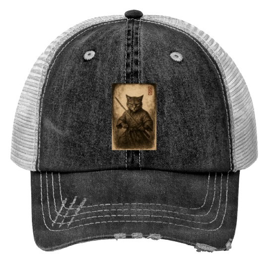 Samurai Cat in Vintage Style Trucker Hats