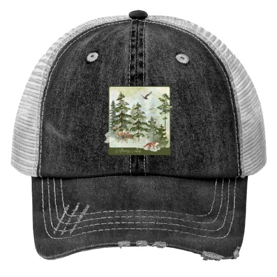 Wilderness is Calling – Watercolor Fox & Forest Trucker Hats