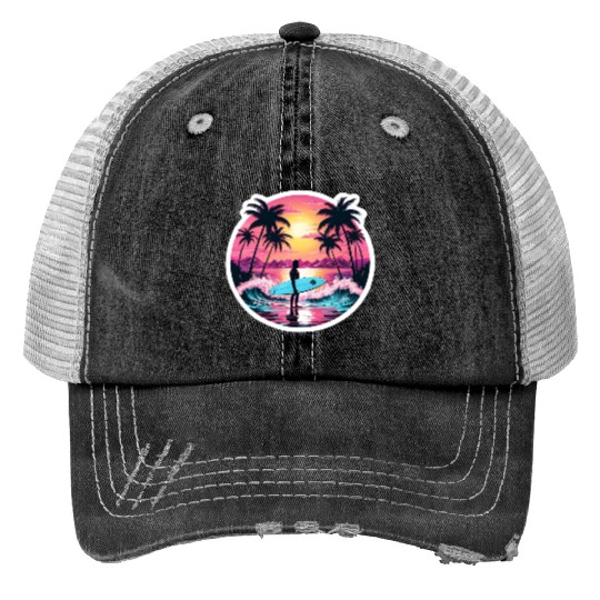 80s Synthwave Surfer | Retro Sunset Trucker Hats.