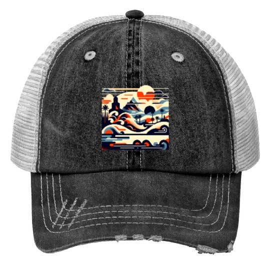Tropical Waves & Mountains Art Trucker Hats