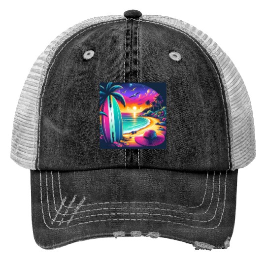 Tropical Sunset Surf Vibes Trucker Hats