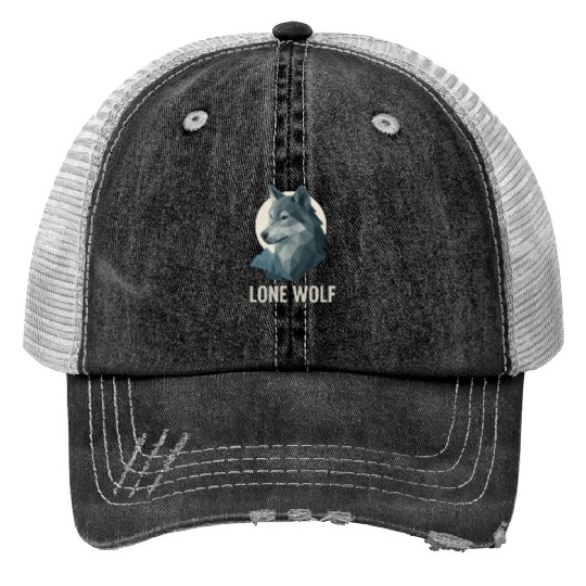Lone Wolf – Geometric Wolf Head under Moon Wildern Trucker Hats