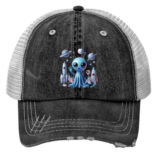 Cosmic Hello: Alien’s Friendly Greeting Trucker Hats