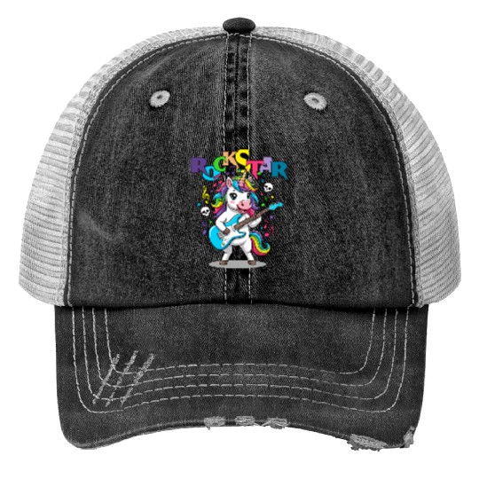 Rockstar Unicorn Playing Rainbow Guitar Trucker Hats