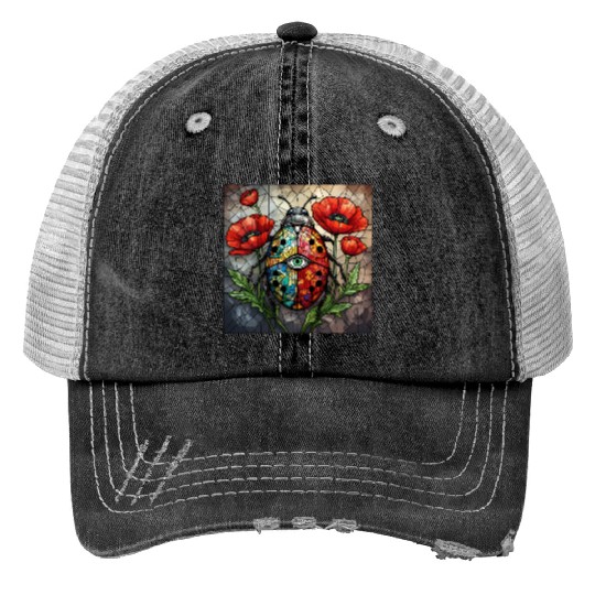 Ladybug stained glass vibrant poppy flower insect Trucker Hats