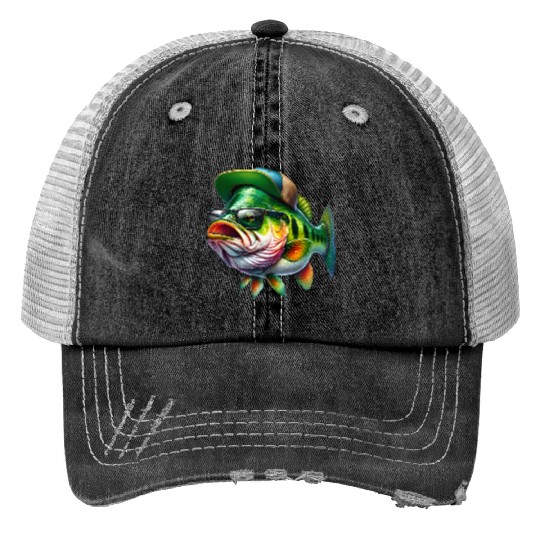 Cool Bass Fish with Green Hat and Glasses Trucker Hats