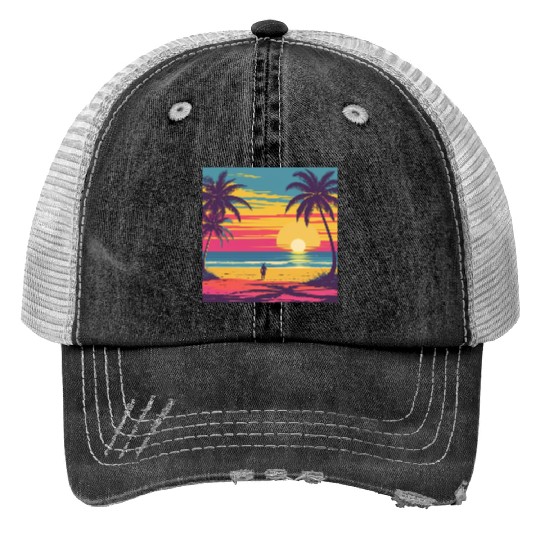 Tropical Sunset Beach Scene Trucker Hats