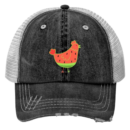 Whimsical Watermelon Chicken Illustration Trucker Hats