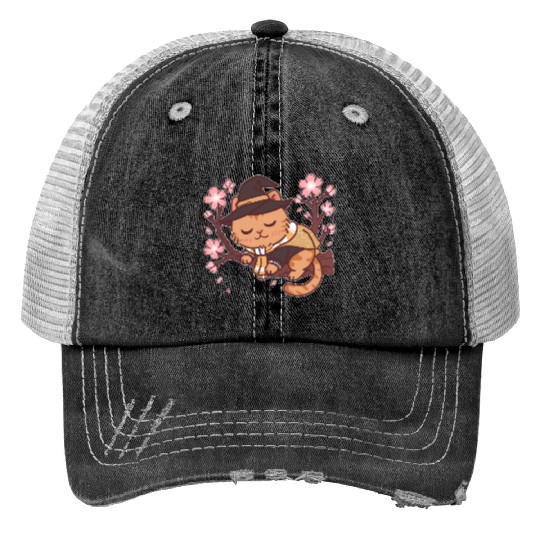 Whimsical Witch Cat in Cherry Blossom Tree Trucker Hats