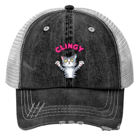Humorous Clingy Cat Illustration Trucker Hats
