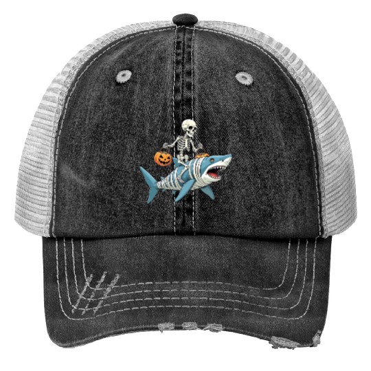 Skeleton Riding Shark Mummy Funny Halloween Trucker Hats