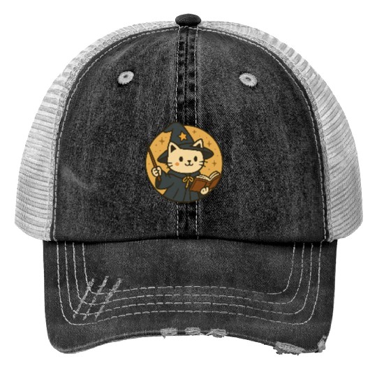 Whimsical Cat Wizard in Starry Night Trucker Hats