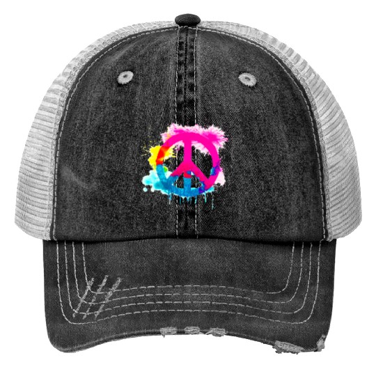 Peace sign neon colors groovy spray paint splatter Trucker Hats