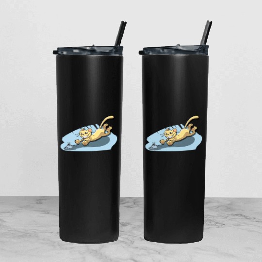 Cat Running After Rat - Tom and Jerry Illustration Tumbler With Lid And Straw